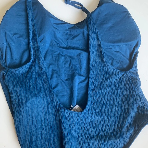 Aerie XL Cheeky Ribbed Smocked Scoop Neck One Piece Swimsuit High Cut Blue Sexy - Picture 11 of 12